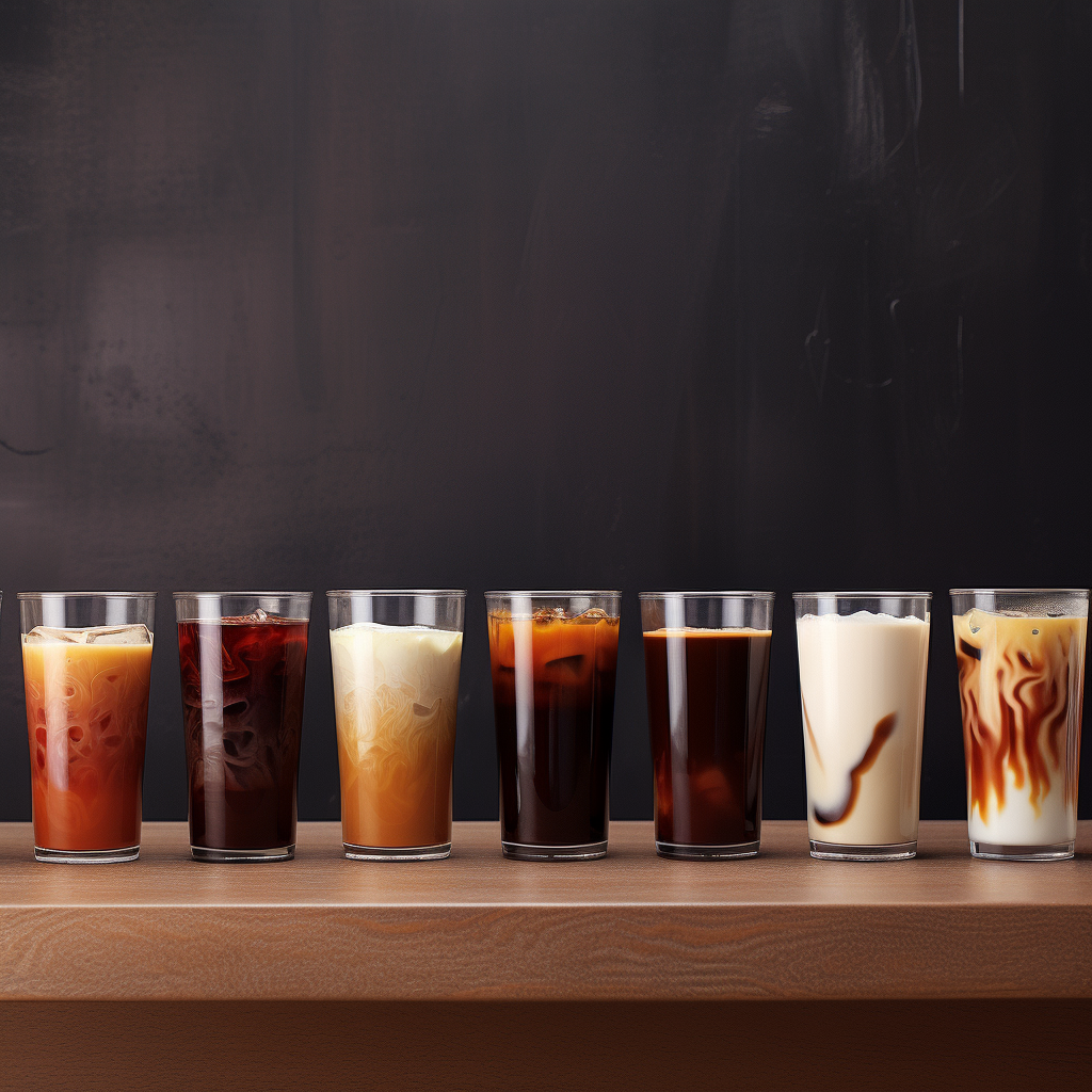 caffeine drinks The image shows a row of four glasses filled with different iced coffees on a light wooden table. From left to right, the first glass is a tall glass filled with a dark brown iced coffee with ice cubes. The second glass is a mason jar glass filled with a lighter brown iced coffee with whipped cream and a straw. The third glass is a clear glass mug filled with a caramel iced coffee with ice cubes and a straw. The fourth glass is a short, wide glass filled with a pink iced coffee with ice cubes and a straw.