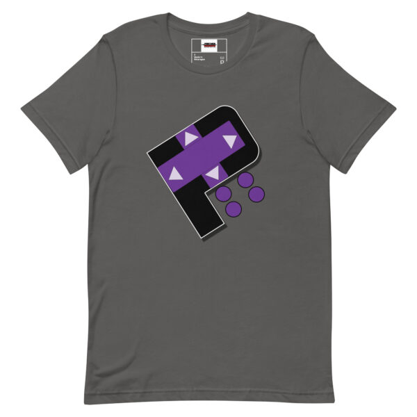 a grey t-shirt with a purple and black design